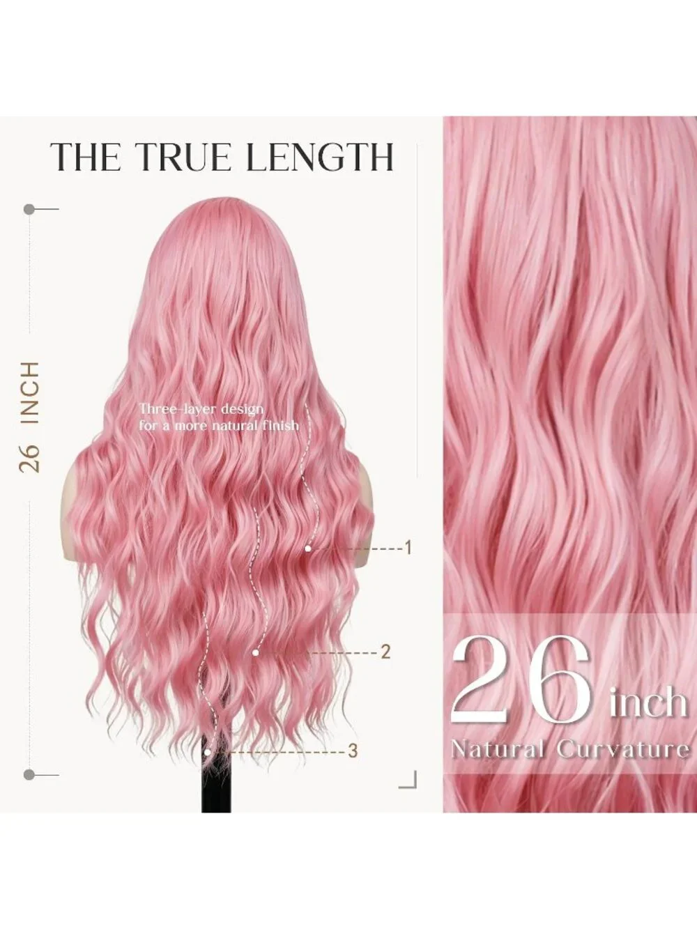 Women's Pink 26 Inch Long Synthetic Middle Part Lace Front Wavy Wig